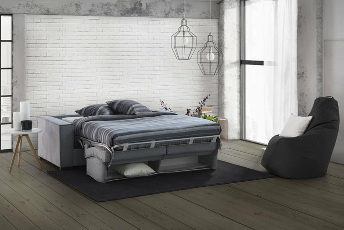 Divano Letto Alisa, Divano a 2 posti Large, Made in Italy, SofÒ  Soggiorno con apertura girevole, in tessuto imbottito, con Braccioli slim, cm 180x95h90, Grigio