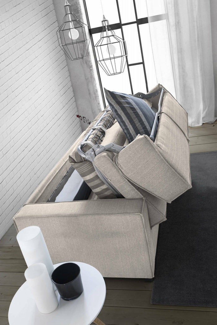 Divano Letto Alk, Divano a 2 posti, Made in Italy, SofÒ  Soggiorno con apertura girevole, in tessuto imbottito, con Braccioli slim, cm 160x95h90, Tortora