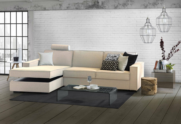 Divano Letto Allaida, Divano ad angolo, Made in Italy, SofÒ  con apertura girevole, Penisola contenitore Sinistra, con Braccioli standard, cm 280x95h90, Beige