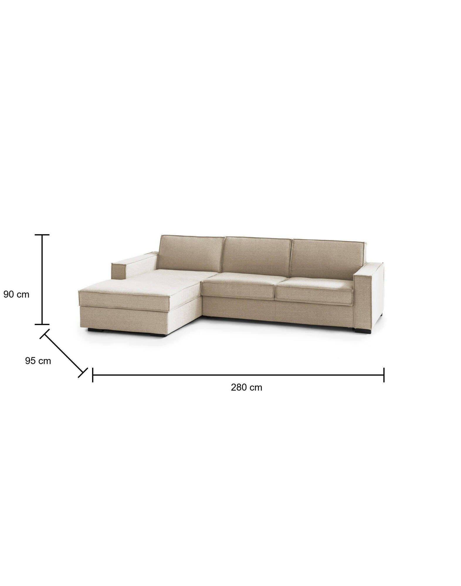 Divano Letto Allaida, Divano ad angolo, Made in Italy, SofÒ  con apertura girevole, Penisola contenitore Sinistra, con Braccioli standard, cm 280x95h90, Beige