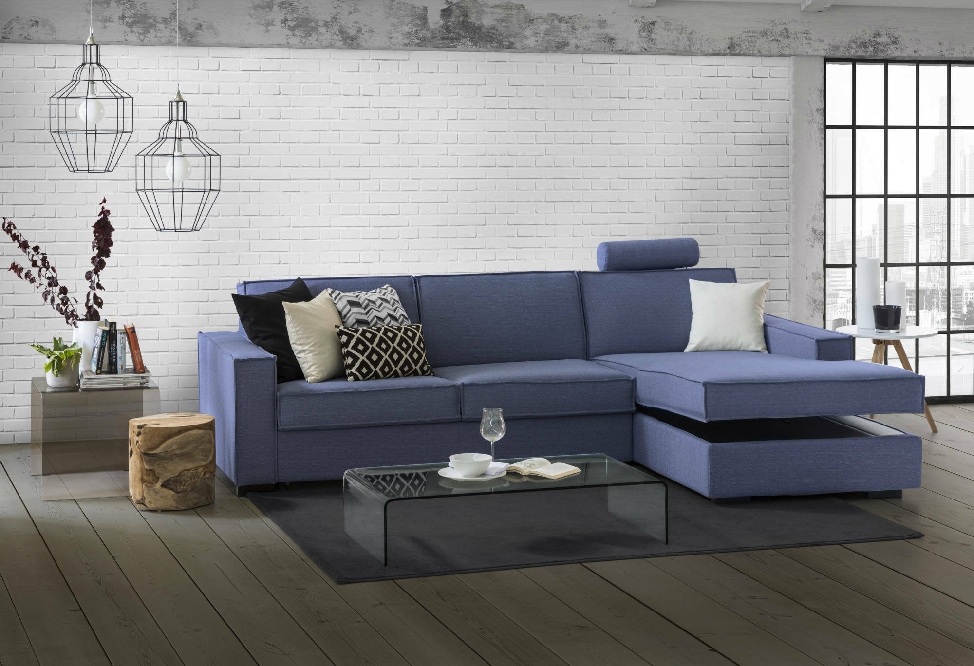 Divano Letto Achico, Divano ad angolo, Made in Italy, SofÒ  con apertura girevole, Penisola contenitore Destra, con Braccioli standard, cm 280x95h90, Blu