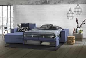 Divano Letto Allaida, Divano ad angolo, Made in Italy, SofÒ  con apertura girevole, Penisola contenitore Sinistra, con Braccioli standard, cm 280x95h90, Blu