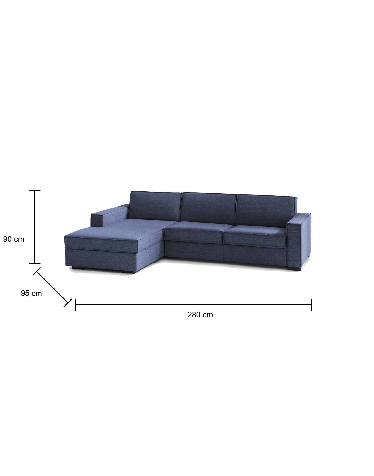 Divano Letto Allaida, Divano ad angolo, Made in Italy, SofÒ  con apertura girevole, Penisola contenitore Sinistra, con Braccioli standard, cm 280x95h90, Blu