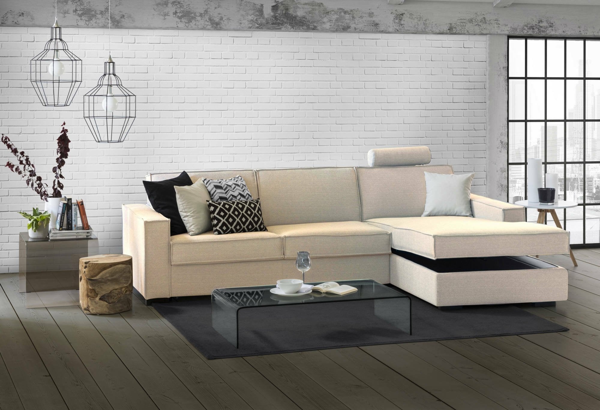 Divano Letto Afar, Divano ad angolo, Made in Italy, SofÒ  con apertura girevole, Penisola contenitore Destra, con Braccioli slim, cm 260x95h90, Beige