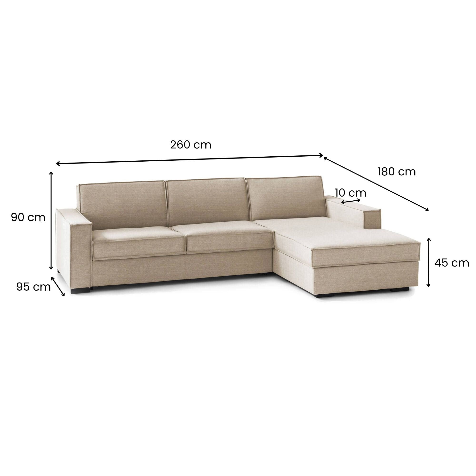 Divano Letto Afar, Divano ad angolo, Made in Italy, SofÒ  con apertura girevole, Penisola contenitore Destra, con Braccioli slim, cm 260x95h90, Beige