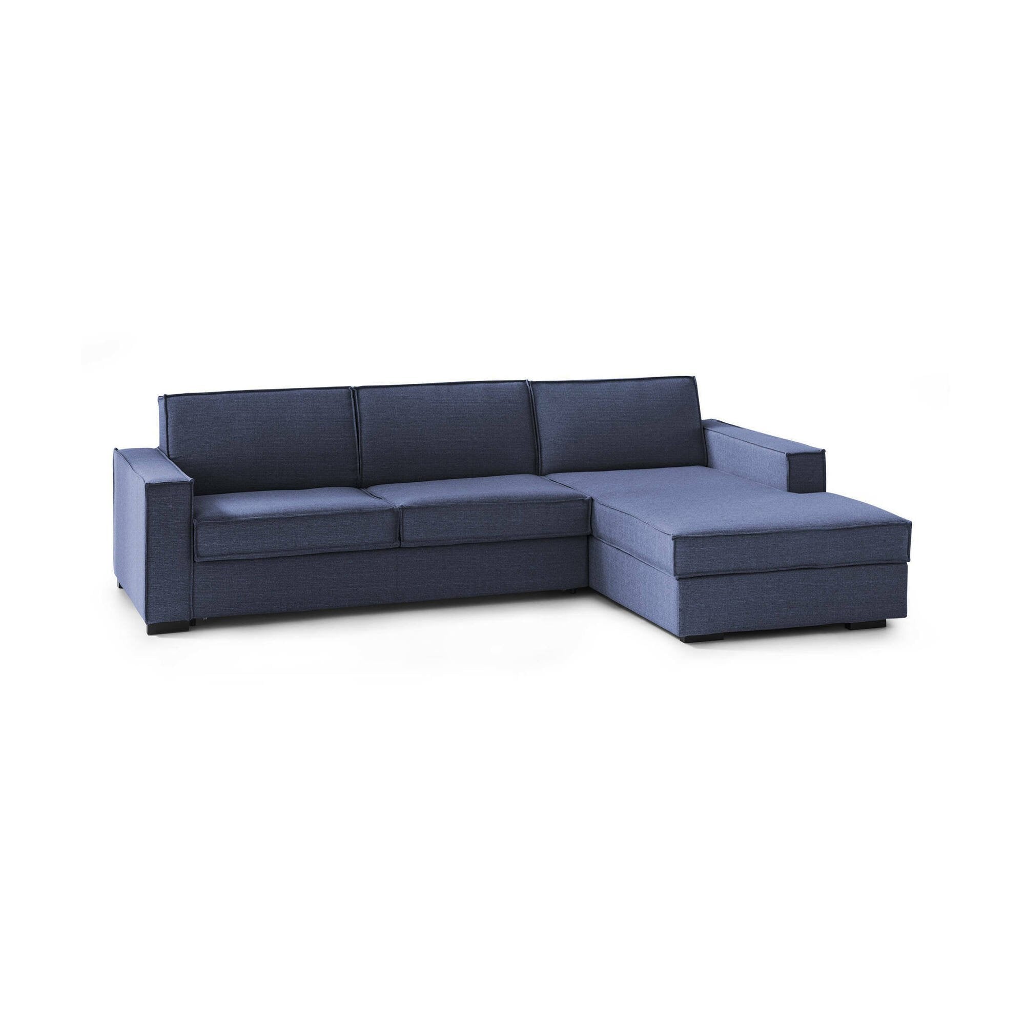 Divano Letto Afar, Divano ad angolo, Made in Italy, SofÒ  con apertura girevole, Penisola contenitore Destra, con Braccioli slim, cm 260x95h90, Blu