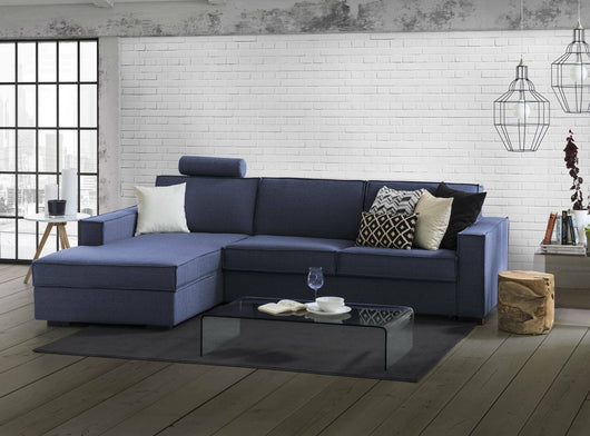 Divano Letto Albenga, Divano ad angolo, Made in Italy, SofÒ  con apertura girevole, Penisola contenitore Sinistra, con Braccioli slim, cm 260x95h90, Blu
