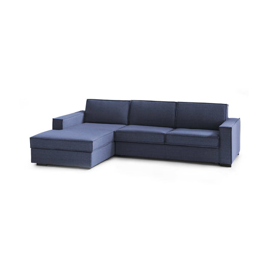 Divano Letto Albenga, Divano ad angolo, Made in Italy, SofÒ  con apertura girevole, Penisola contenitore Sinistra, con Braccioli slim, cm 260x95h90, Blu