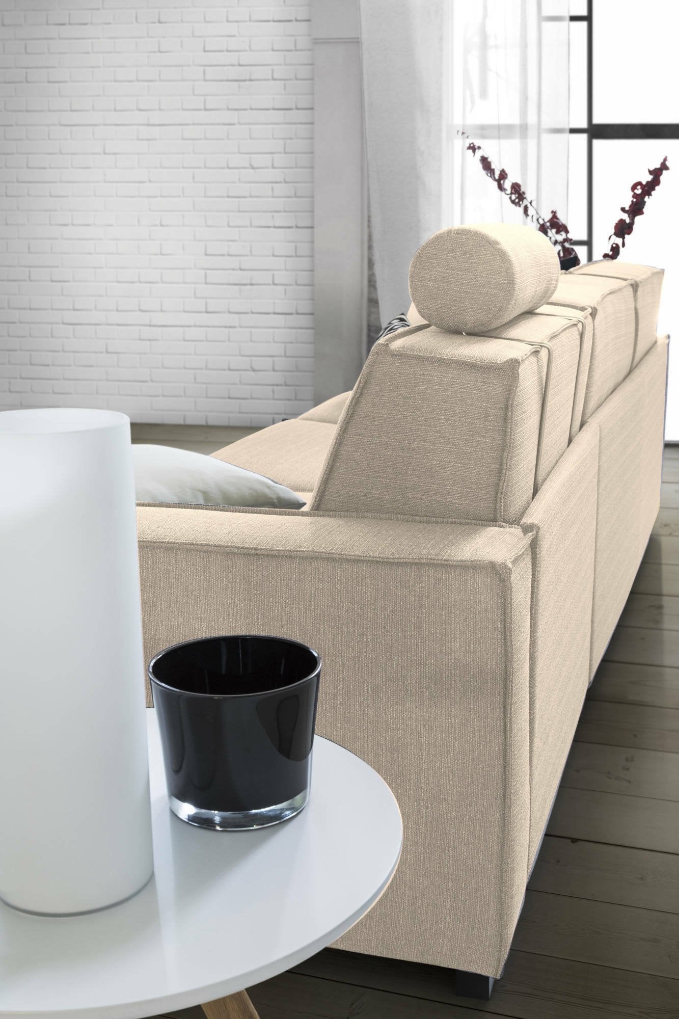 Divano fisso Ametrino, Divano ad angolo, Made in Italy, SofÒ  Soggiorno con, penisola contenitore Destra, con Braccioli standard, cm 280x95h90, Beige