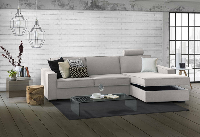 Divano fisso Ametrino, Divano ad angolo, Made in Italy, SofÒ  Soggiorno con, penisola contenitore Destra, con Braccioli standard, cm 280x95h90, Grigio