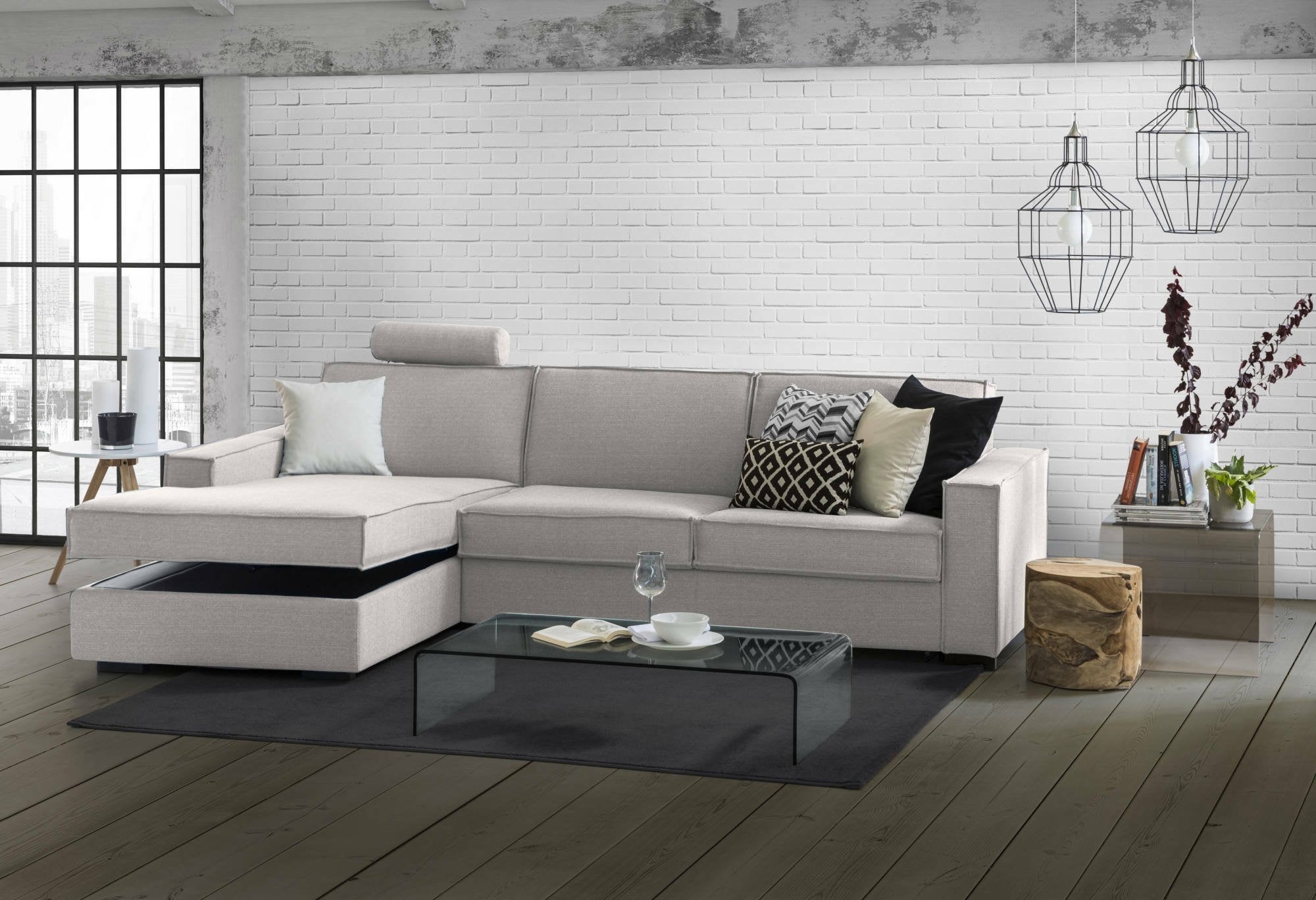 Divano fisso Anila, Divano ad angolo, Made in Italy, SofÒ  Soggiorno con, penisola contenitore Sinistra, con Braccioli standard, cm 280x95h90, Grigio