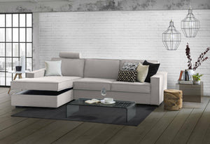 Divano fisso Anila, Divano ad angolo, Made in Italy, SofÒ  Soggiorno con, penisola contenitore Sinistra, con Braccioli standard, cm 280x95h90, Grigio