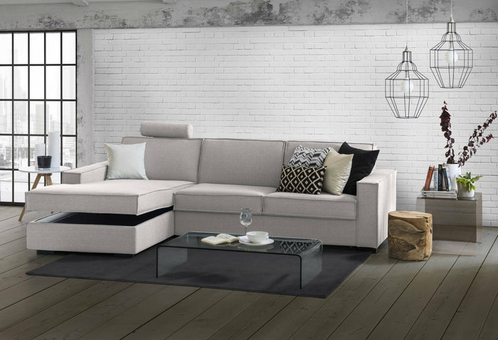 Divano fisso Anila, Divano ad angolo, Made in Italy, SofÒ  Soggiorno con, penisola contenitore Sinistra, con Braccioli standard, cm 280x95h90, Grigio