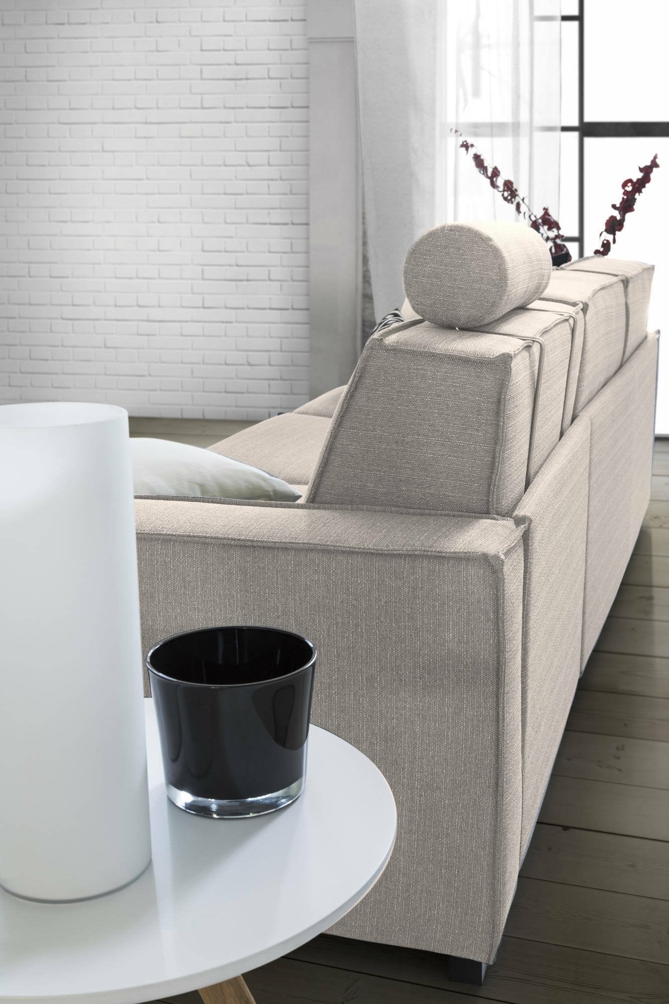 Divano fisso Ametrino, Divano ad angolo, Made in Italy, SofÒ  Soggiorno con, penisola contenitore Destra, con Braccioli standard, cm 280x95h90, Tortora