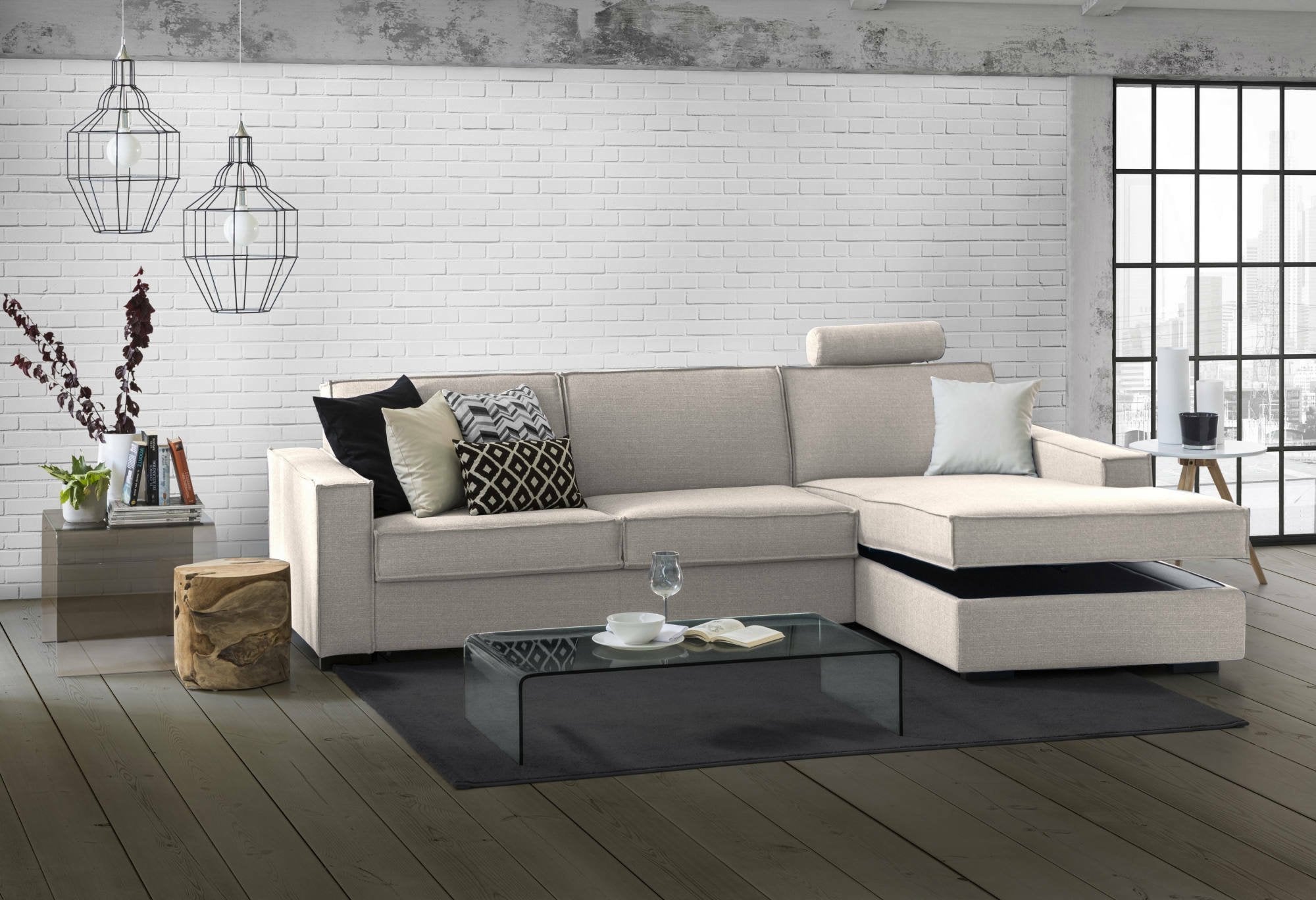 Divano fisso Ametrino, Divano ad angolo, Made in Italy, SofÒ  Soggiorno con, penisola contenitore Destra, con Braccioli standard, cm 280x95h90, Tortora