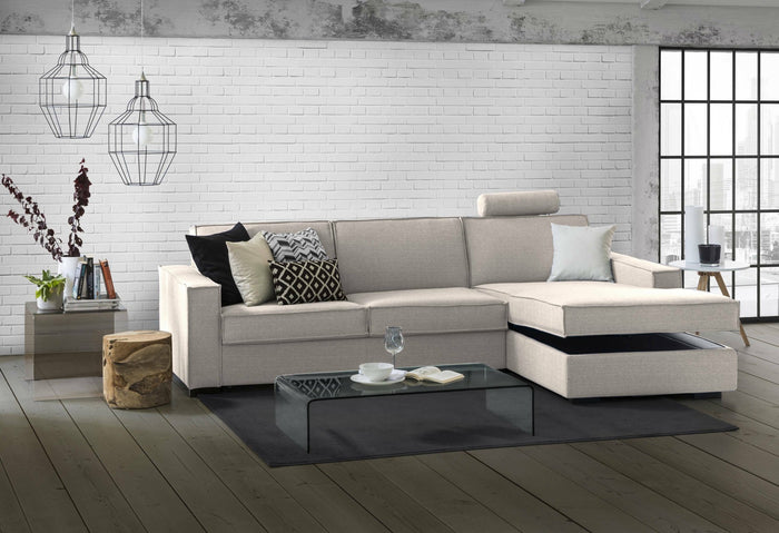 Divano fisso Ametrino, Divano ad angolo, Made in Italy, SofÒ  Soggiorno con, penisola contenitore Destra, con Braccioli standard, cm 280x95h90, Tortora