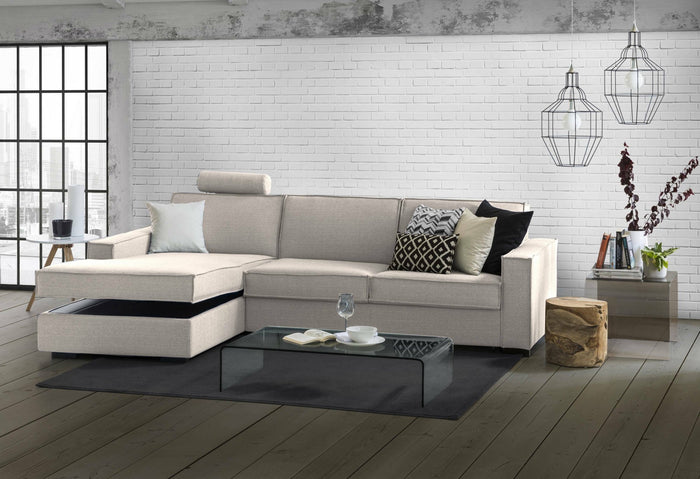 Divano fisso Anila, Divano ad angolo, Made in Italy, SofÒ  Soggiorno con, penisola contenitore Sinistra, con Braccioli standard, cm 280x95h90, Tortora