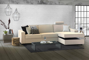 Divano fisso Assobasso, Divano ad angolo, Made in Italy, SofÒ  Soggiorno con, penisola contenitore Destra, con Braccioli slim, cm 260x95h90, Beige