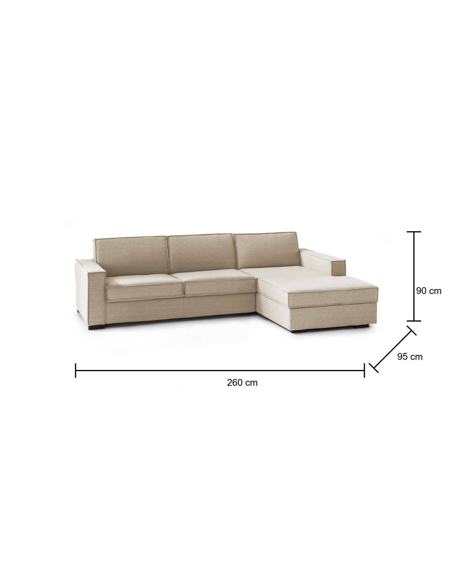 Divano fisso Assobasso, Divano ad angolo, Made in Italy, SofÒ  Soggiorno con, penisola contenitore Destra, con Braccioli slim, cm 260x95h90, Beige