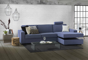 Divano fisso Assobasso, Divano ad angolo, Made in Italy, SofÒ  Soggiorno con, penisola contenitore Destra, con Braccioli slim, cm 260x95h90, Blu