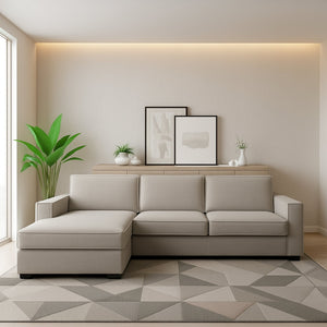 Divano fisso Sodalite, Divano ad angolo, Made in Italy, SofÒ  Soggiorno con, penisola contenitore Sinistra, con Braccioli slim, cm 260x95h90, Tortora