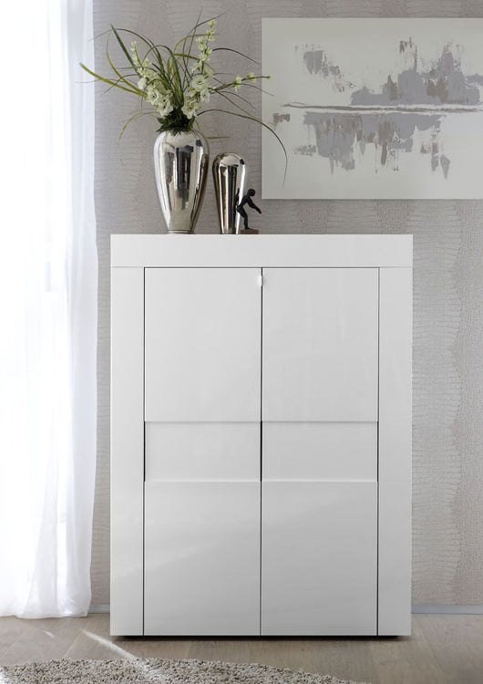 Credenza 0, Madia alta moderna a 2 ante da soggiorno, Mobile multiuso a ripiani, Made in Italy, Cm 92x42xh115, Bianco Lucido