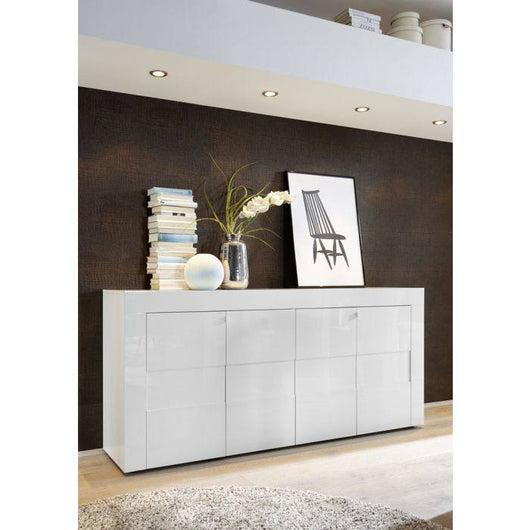 Credenza 0, Buffet moderno a 4 ante, Madia moderna lineare, Made in Italy, mobile da soggiorno porta TV, Cm 181x42h84, Bianco lucido