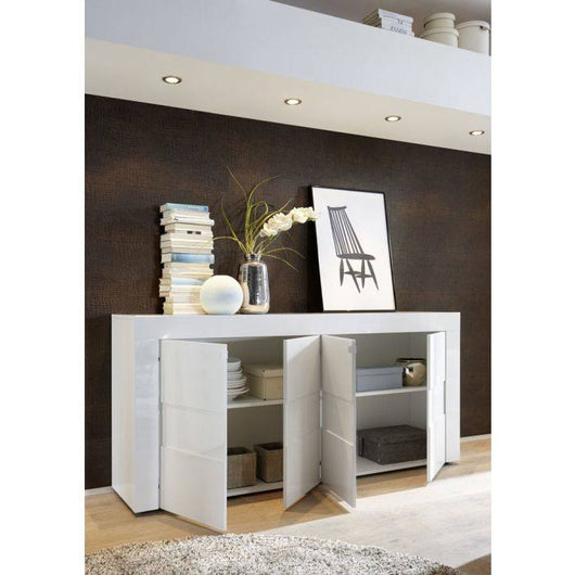 Credenza 0, Buffet moderno a 4 ante, Madia moderna lineare, Made in Italy, mobile da soggiorno porta TV, Cm 181x42h84, Bianco lucido