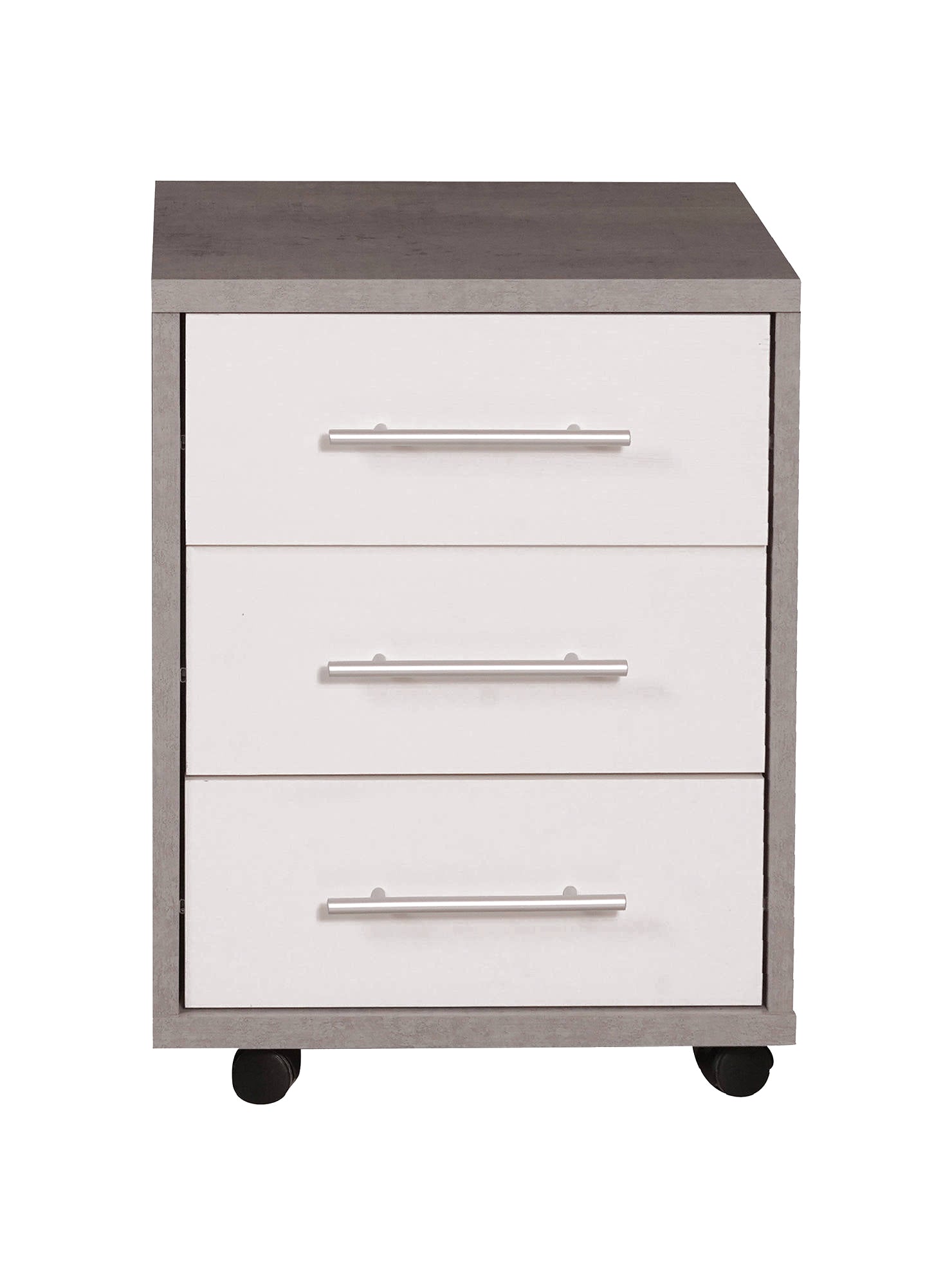 Cassettiera 0, Mobiletto moderno a 3 cassetti con ruote, Aramdietto portadocumenti per ufficio, comodino da scrivania, Cm 43x40h57, Cemento e Bianco