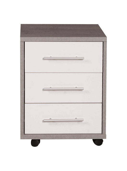 Cassettiera 0, Mobiletto moderno a 3 cassetti con ruote, Aramdietto portadocumenti per ufficio, comodino da scrivania, Cm 43x40h57, Cemento e Bianco