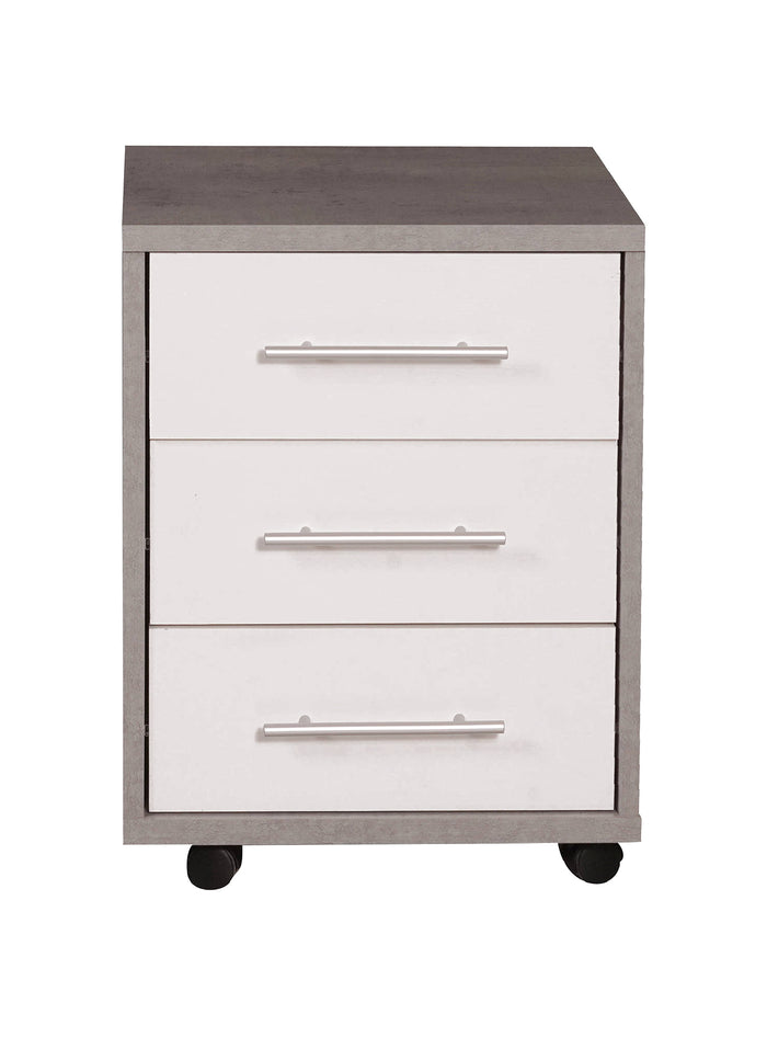 Cassettiera 0, Mobiletto moderno a 3 cassetti con ruote, Aramdietto portadocumenti per ufficio, comodino da scrivania, Cm 43x40h57, Cemento e Bianco