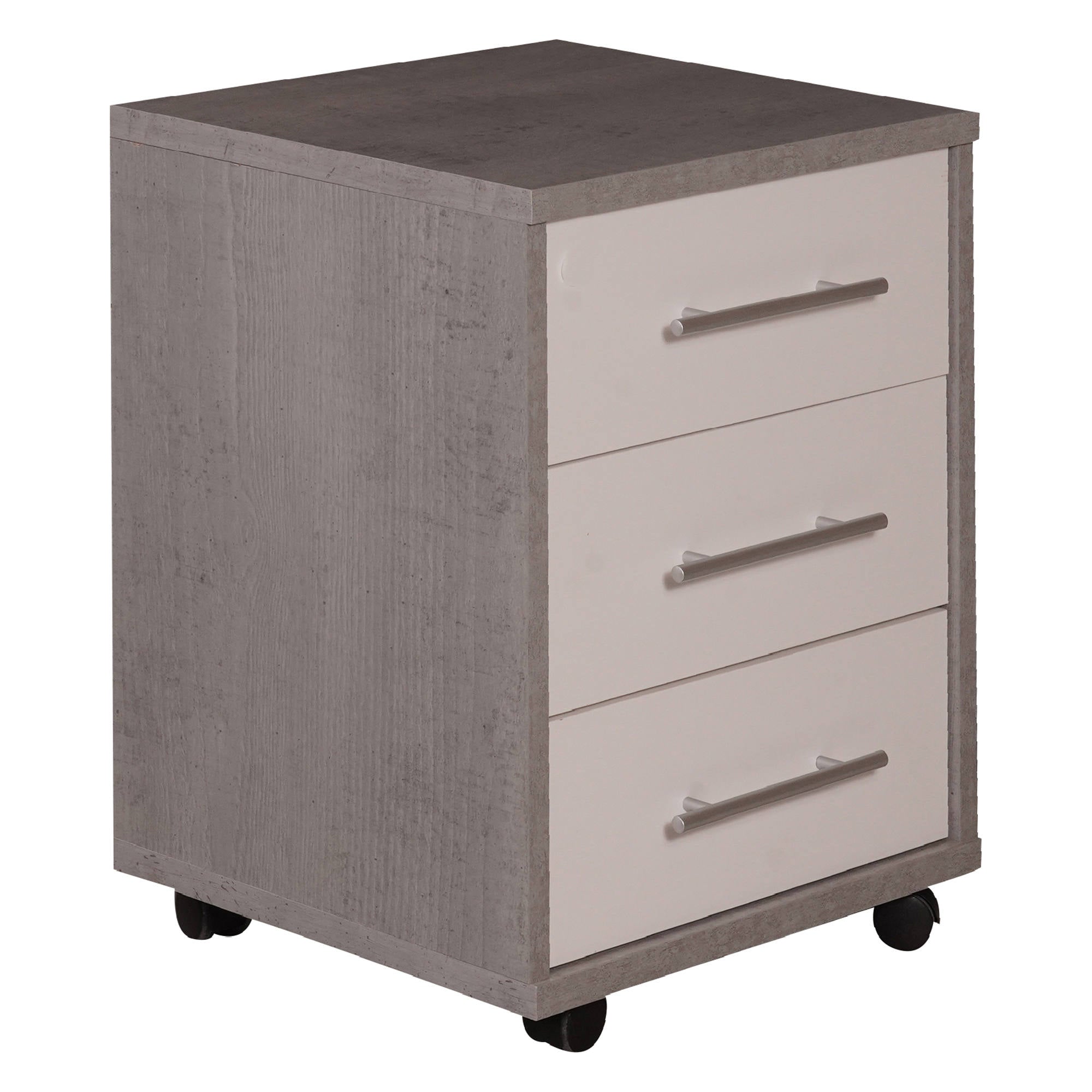 Cassettiera 0, Mobiletto moderno a 3 cassetti con ruote, Aramdietto portadocumenti per ufficio, comodino da scrivania, Cm 43x40h57, Cemento e Bianco