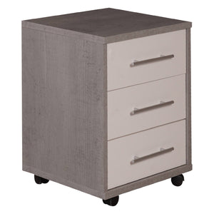 Cassettiera 0, Mobiletto moderno a 3 cassetti con ruote, Aramdietto portadocumenti per ufficio, comodino da scrivania, Cm 43x40h57, Cemento e Bianco
