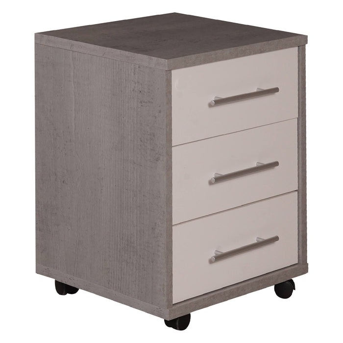 Cassettiera 0, Mobiletto moderno a 3 cassetti con ruote, Aramdietto portadocumenti per ufficio, comodino da scrivania, Cm 43x40h57, Cemento e Bianco