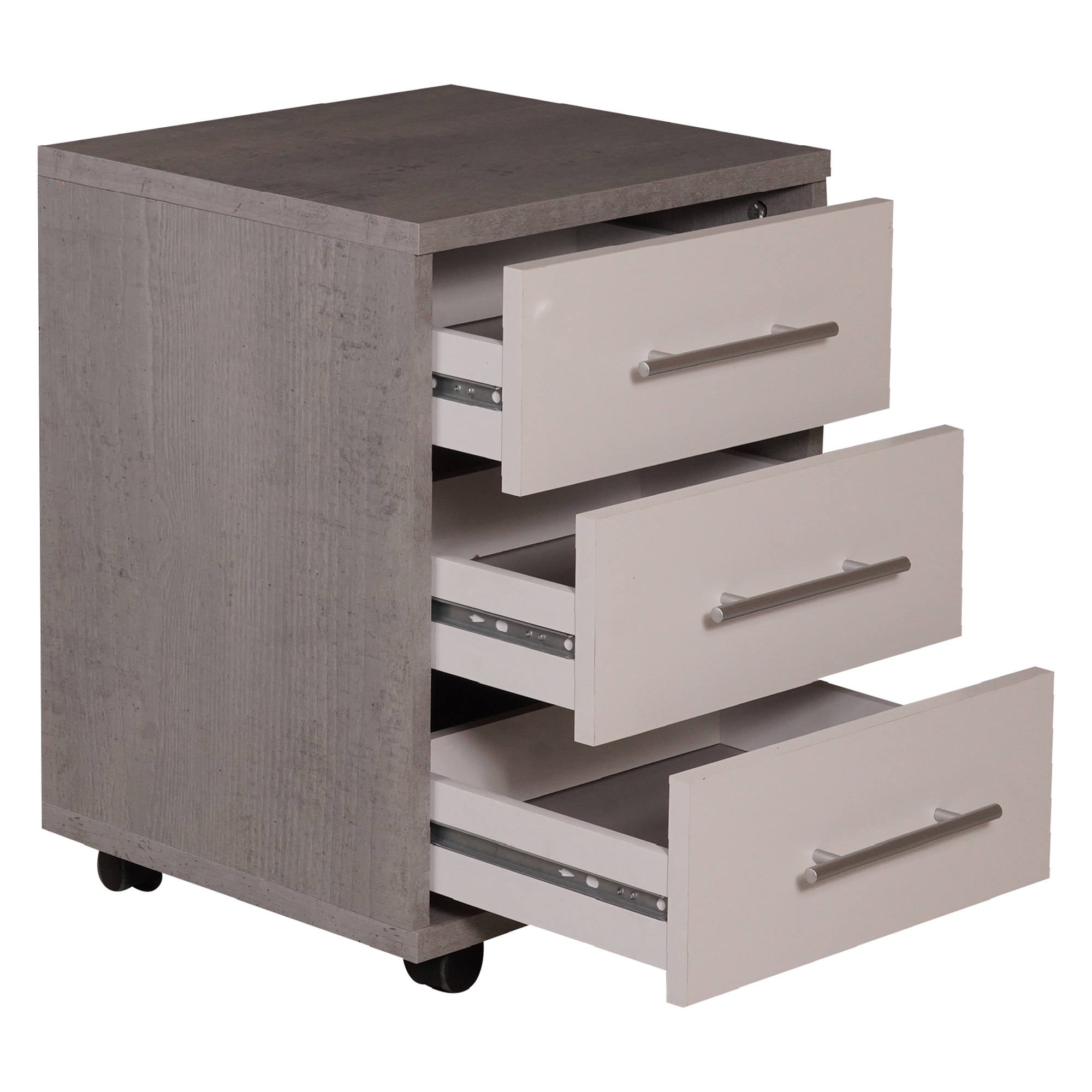 Cassettiera 0, Mobiletto moderno a 3 cassetti con ruote, Aramdietto portadocumenti per ufficio, comodino da scrivania, Cm 43x40h57, Cemento e Bianco