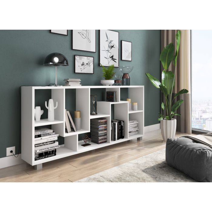 Libreria 0, Biblioteca zigzag a 8 scomparti, posizionabile verticalmente o orizontalmente, Scaffale da ufficio per libri, Mobile portalibri, Cm 69x30h160, Bianco