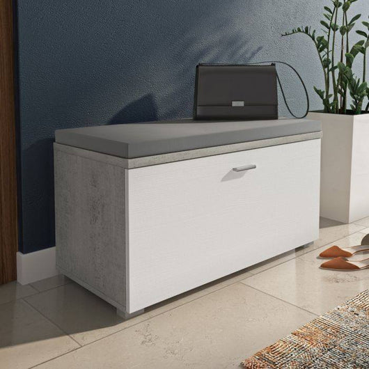 Scarpiera 0, Panca portascarpe con cuscino da ingresso, Scarpiera salvaspazio con 1 anta e ripiani, Made in Italy, Cm 85x40xh42, Bianco