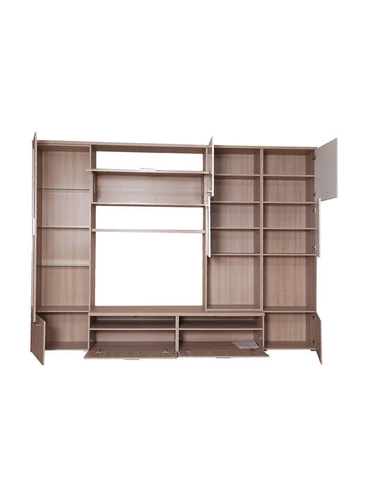Parete attrezzata 0, Mobile porta TV moderno con Ante e ripiani, Set salotto completo con vetrinetta, Cm 300x50h215, Bianco e Olmo