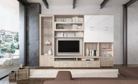 Parete attrezzata 0, Mobile porta TV moderno con Ante e ripiani, Set salotto completo con vetrinetta, Cm 300x50h215, Bianco e Olmo