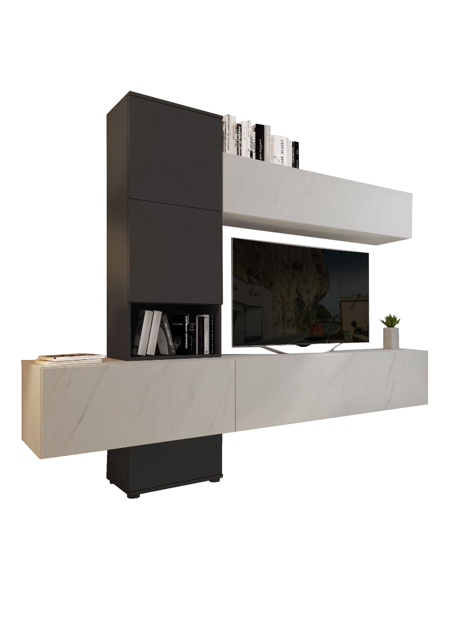 Parete attrezzata 0, Mobile porta TV moderno con Ante e ripiani, Set salotto completo con pensili effetto marmo, Cm 240x50xh196, Bianco e Antracite