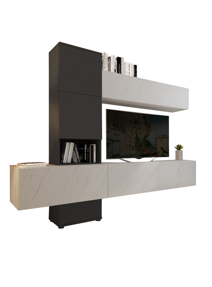 Parete attrezzata 0, Mobile porta TV moderno con Ante e ripiani, Set salotto completo con pensili effetto marmo, Cm 240x50xh196, Bianco e Antracite