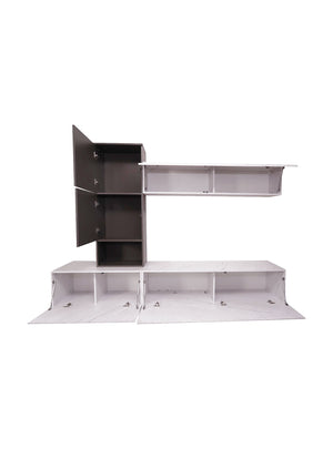 Parete attrezzata 0, Mobile porta TV moderno con Ante e ripiani, Set salotto completo con pensili effetto marmo, Cm 240x50xh196, Bianco e Antracite