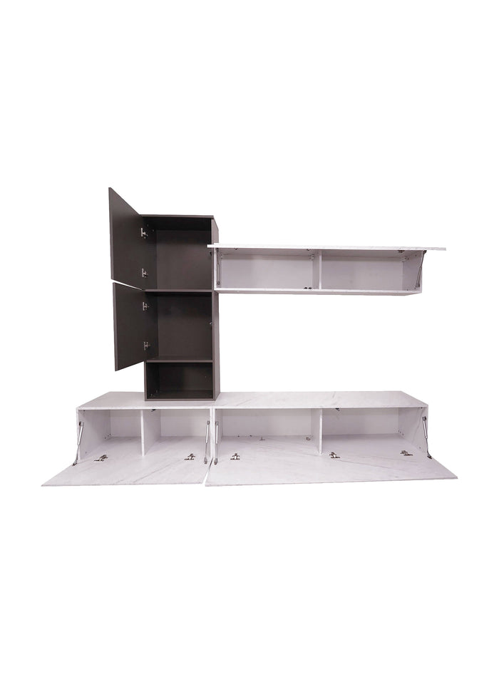 Parete attrezzata 0, Mobile porta TV moderno con Ante e ripiani, Set salotto completo con pensili effetto marmo, Cm 240x50xh196, Bianco e Antracite