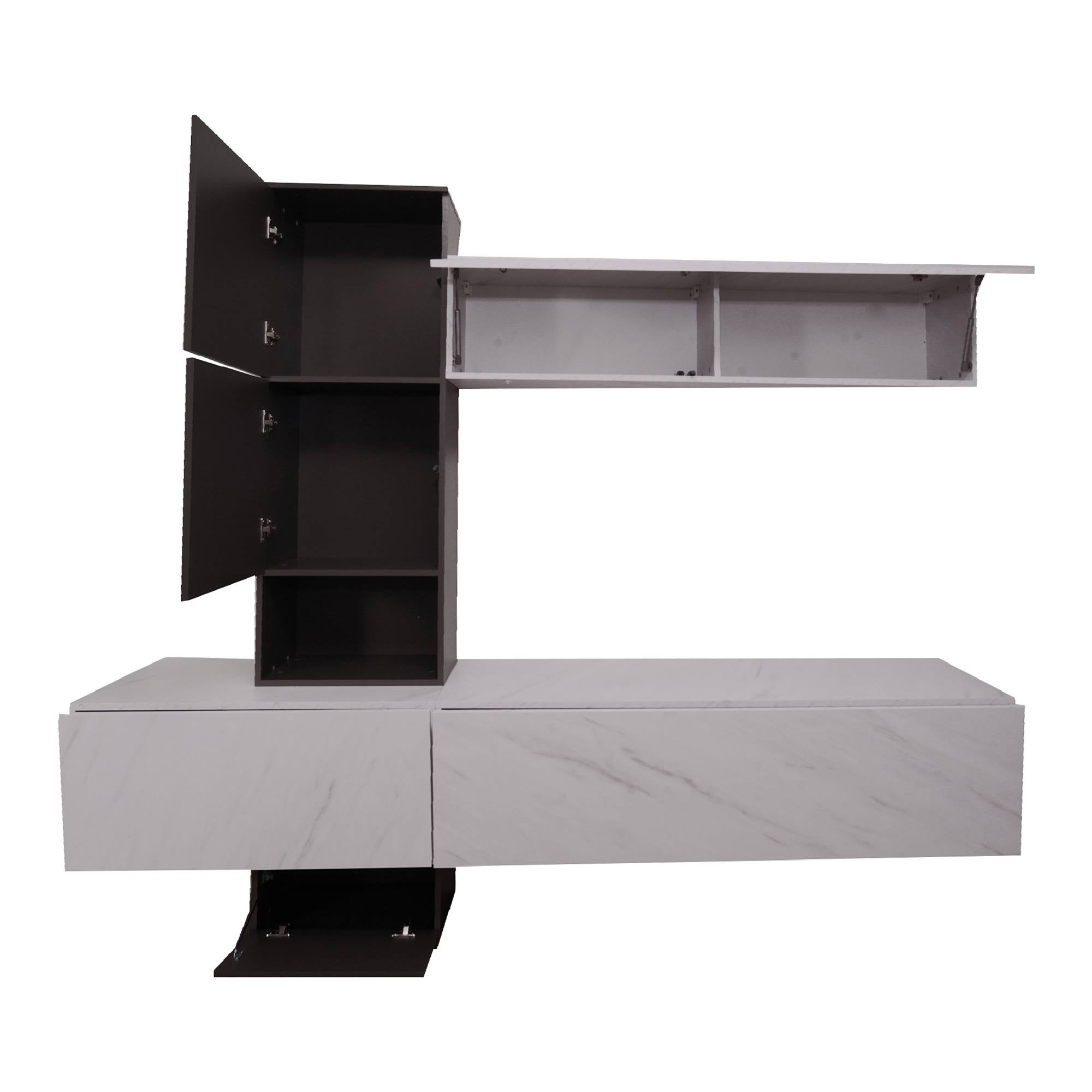 Parete attrezzata 0, Mobile porta TV moderno con Ante e ripiani, Set salotto completo con pensili effetto marmo, Cm 240x50xh196, Bianco e Antracite