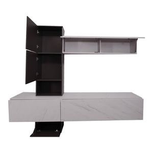 Parete attrezzata 0, Mobile porta TV moderno con Ante e ripiani, Set salotto completo con pensili effetto marmo, Cm 240x50xh196, Bianco e Antracite