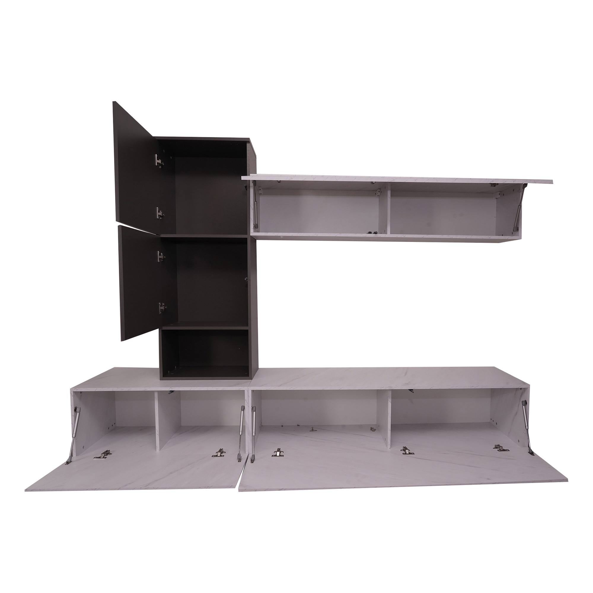 Parete attrezzata 0, Mobile porta TV moderno con Ante e ripiani, Set salotto completo con pensili effetto marmo, Cm 240x50xh196, Bianco e Antracite