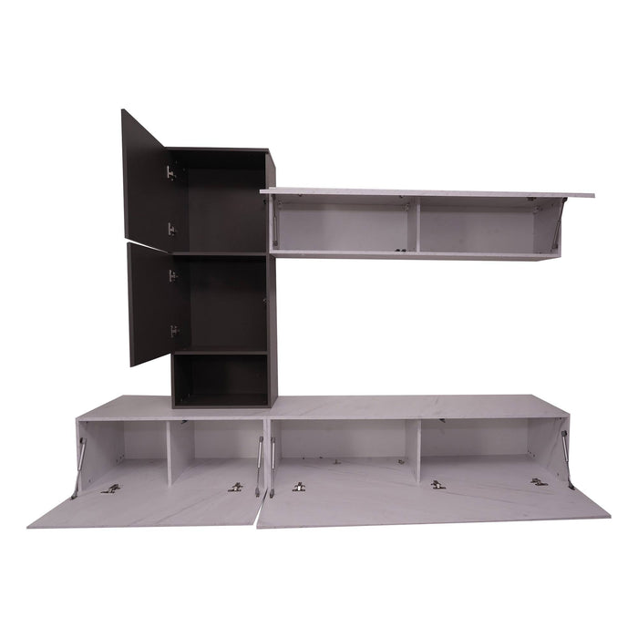 Parete attrezzata 0, Mobile porta TV moderno con Ante e ripiani, Set salotto completo con pensili effetto marmo, Cm 240x50xh196, Bianco e Antracite