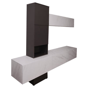 Parete attrezzata 0, Mobile porta TV moderno con Ante e ripiani, Set salotto completo con pensili effetto marmo, Cm 240x50xh196, Bianco e Antracite