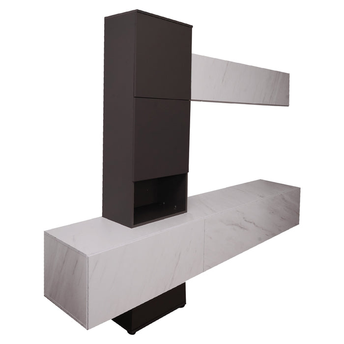 Parete attrezzata 0, Mobile porta TV moderno con Ante e ripiani, Set salotto completo con pensili effetto marmo, Cm 240x50xh196, Bianco e Antracite
