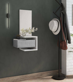 Mobile da ingresso 0, Entratina moderna con specchiera, Mobile con cassetto e ripiano, Mobile svuotatasche, Cm 43x32h90 Cm, Cemento e Bianco